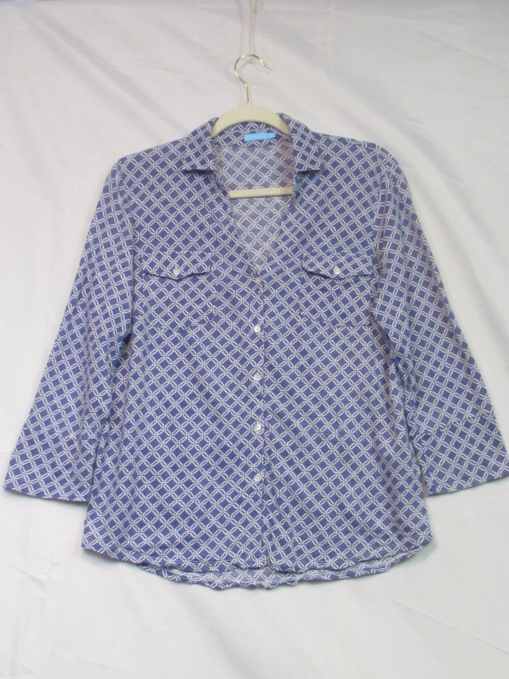 J. McLaughlin Shirt Womens Brynn M Blue White 3/4 sleeve Linen Blend Button Up